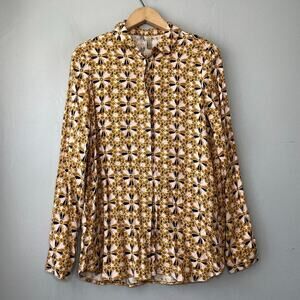 Soyaconcept Button Up Shirt Size XS Artsy Geometric Floral Rayon Retro Scandi